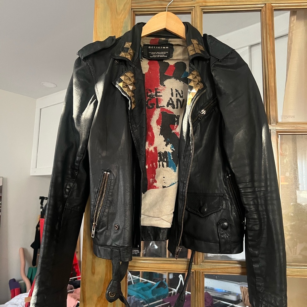 Religion Black Leather Jacket with Studded Shoulders